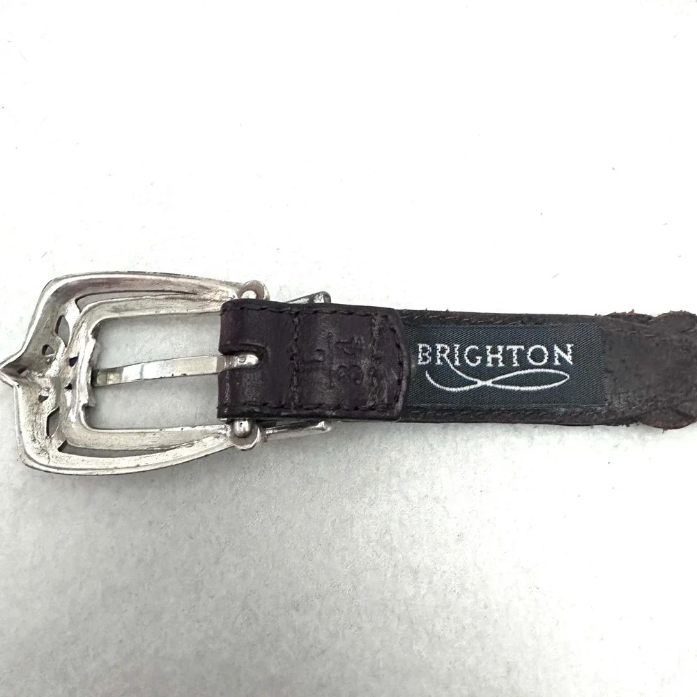 Brighton L 34 Espresso Brown Braided Leather Belt Silver Floral Western Buckle
